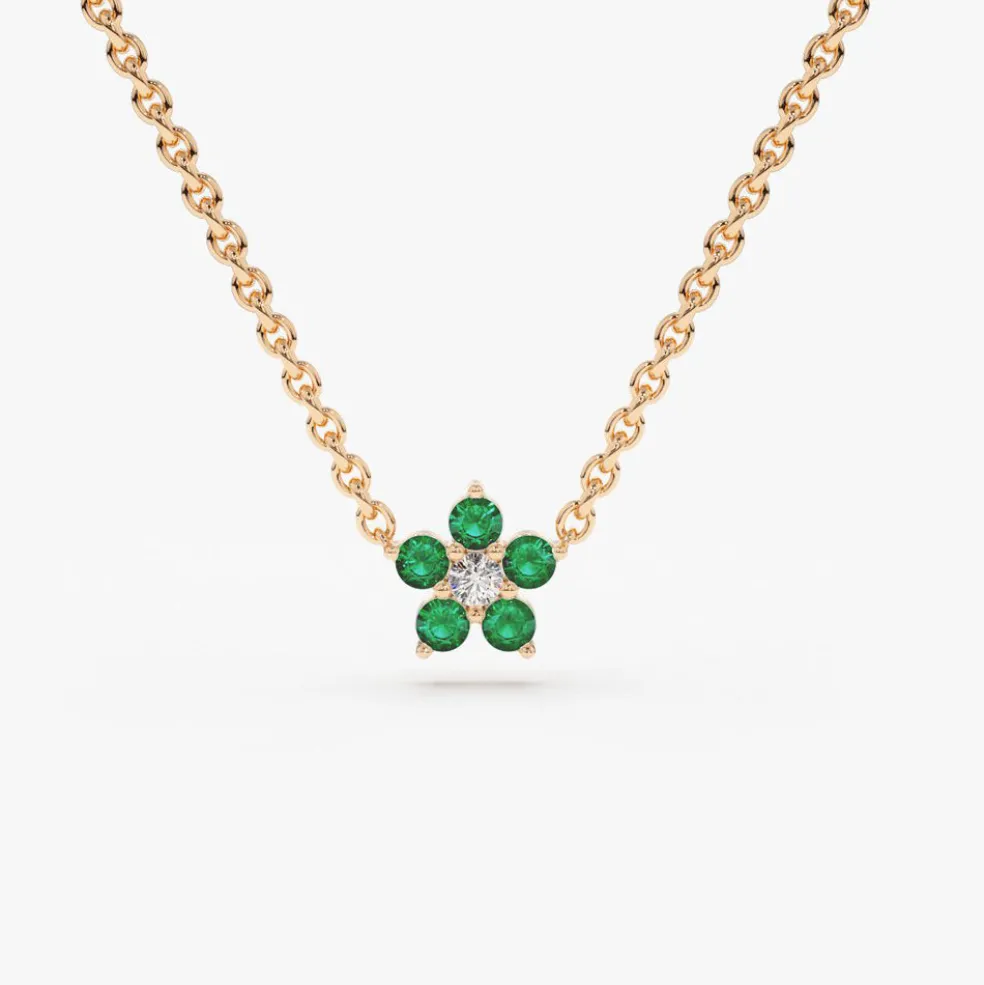 14K Emerald and Diamond Flower Charm Necklace