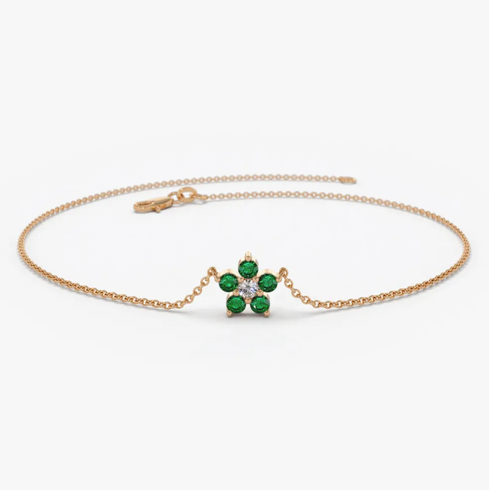 14K Emerald and Diamond Flower Charm Bracelet