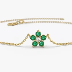 14K Emerald and Diamond Flower Charm Bracelet
