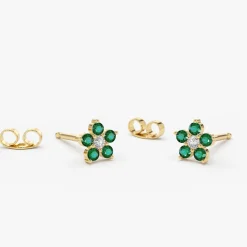 14K Emerald and Diamond Flower Studs