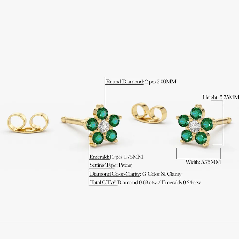14K Emerald and Diamond Flower Studs