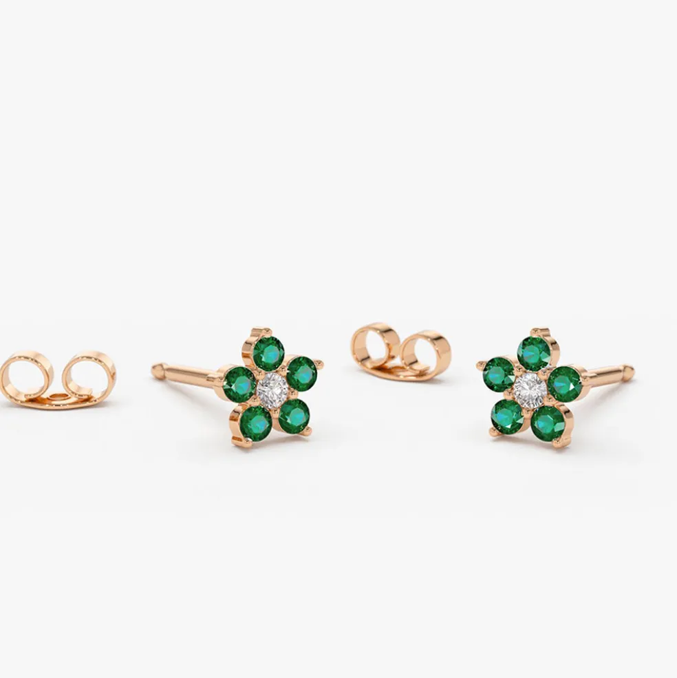 14K Emerald and Diamond Flower Studs
