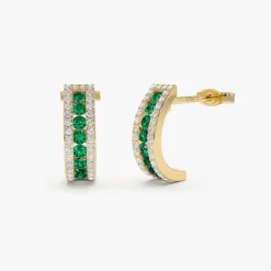 14k Emerald and Round Diamond Hoop Earrings