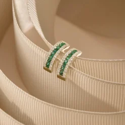 14k Emerald and Round Diamond Hoop Earrings