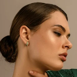 14k Emerald and Round Diamond Hoop Earrings