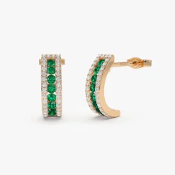 14k Emerald and Round Diamond Hoop Earrings