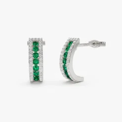 14k Emerald and Round Diamond Hoop Earrings