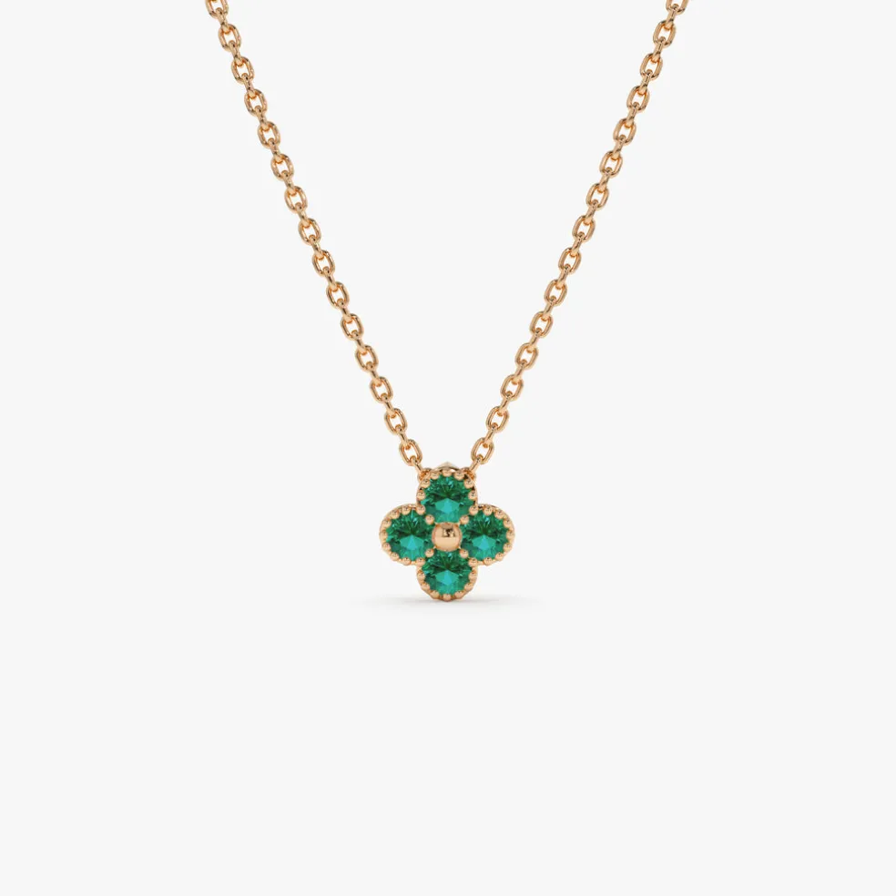 14k Emerald Clover Beaded Necklace