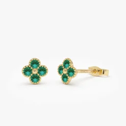 14k Emerald Clover Beaded Studs