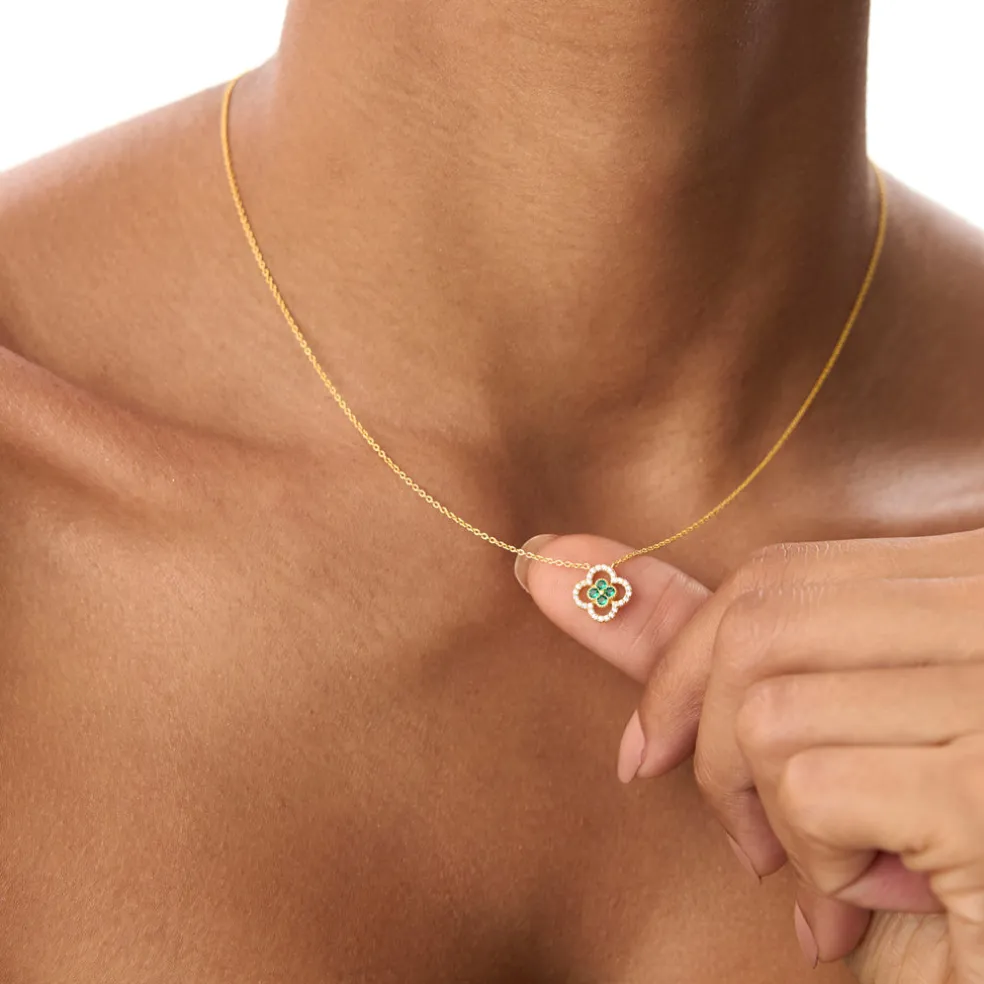 14k Emerald Clover Necklace in Halo Setting