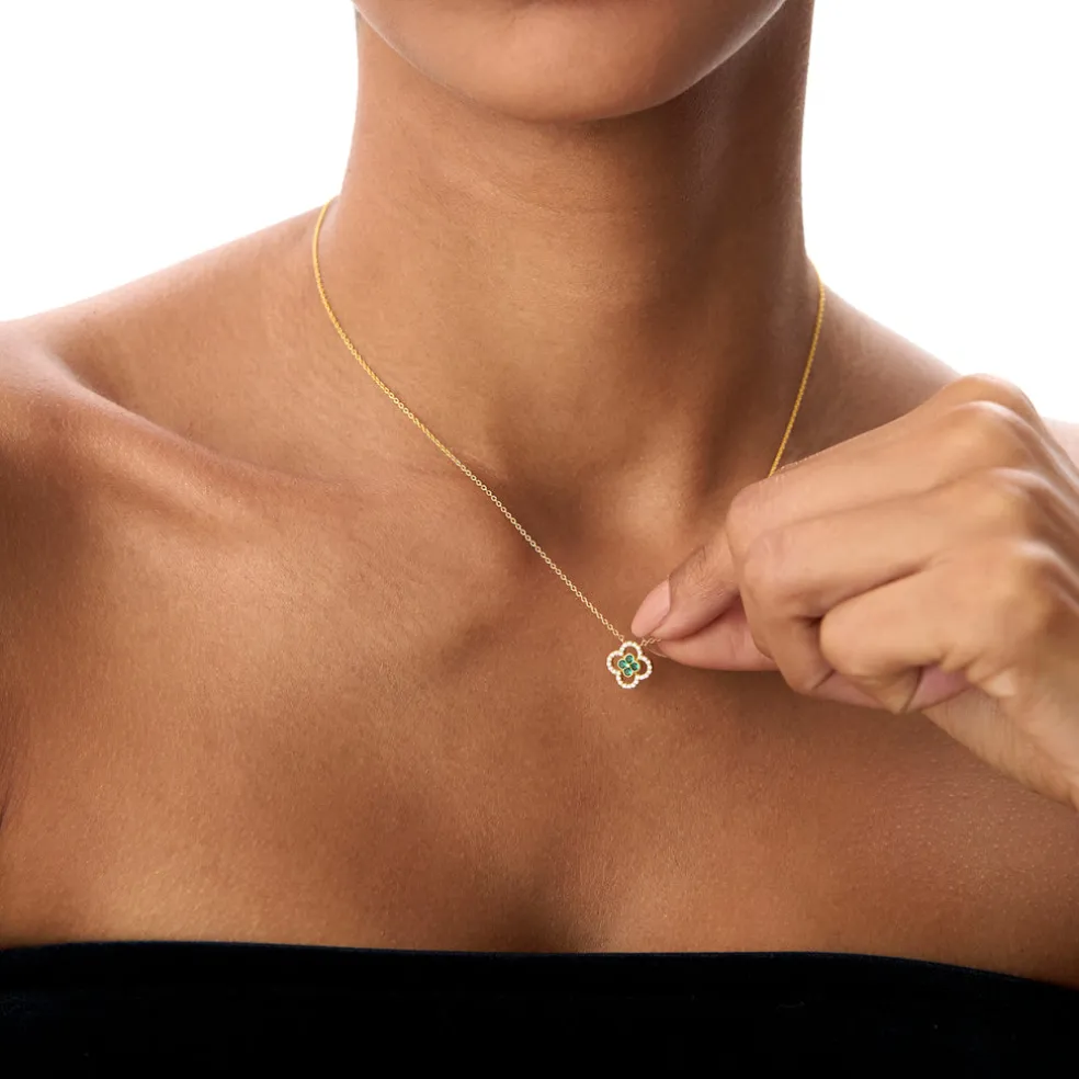 14k Emerald Clover Necklace in Halo Setting