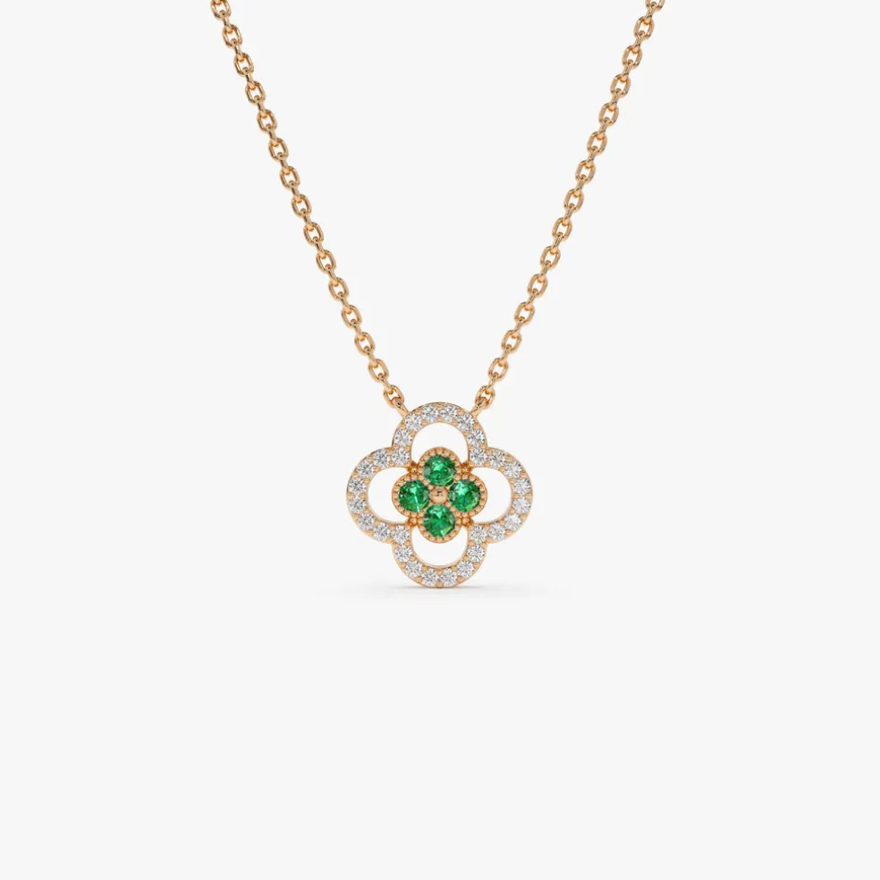 14k Emerald Clover Necklace in Halo Setting