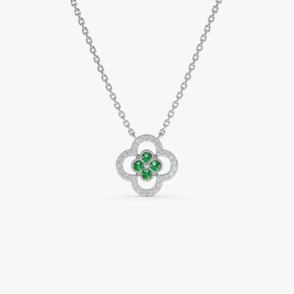 14k Emerald Clover Necklace in Halo Setting