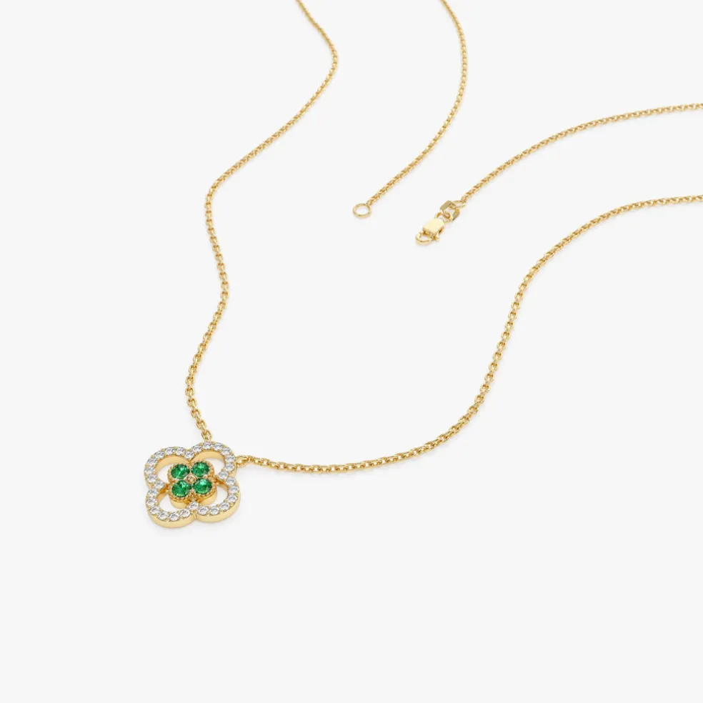14k Emerald Clover Necklace in Halo Setting