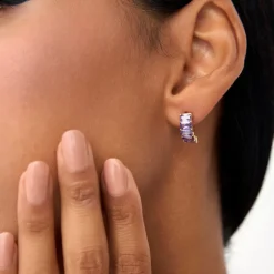 14K Emerald Cut Amethyst Half Hoop Earrings