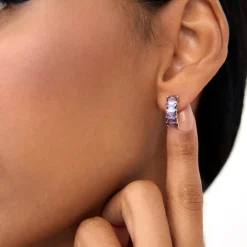 14K Emerald Cut Amethyst Half Hoop Earrings