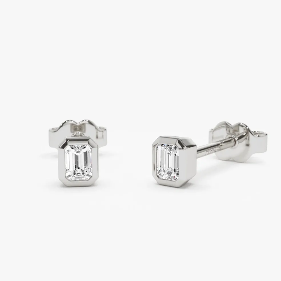 14k Emerald Cut Bezel Setting Stud Earrings