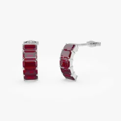 14K Emerald Cut Garnet Half Hoop Earrings