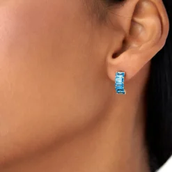 14K Emerald Cut London Blue Topaz Half Hoop Earrings