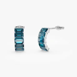 14K Emerald Cut London Blue Topaz Half Hoop Earrings