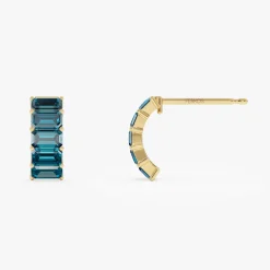 14K Emerald Cut London Blue Topaz Half Hoop Earrings