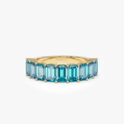 14k Emerald Cut Swiss Blue Topaz Nine Stone Ring 3.00ctw