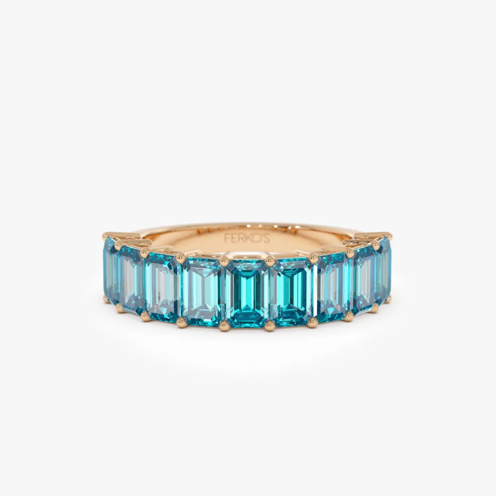 14k Emerald Cut Swiss Blue Topaz Nine Stone Ring 3.00ctw