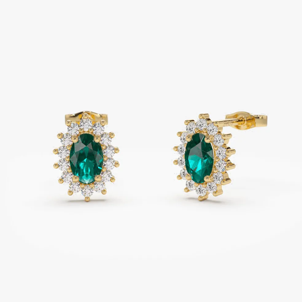 14k Emerald Earrings with Halo Diamonds