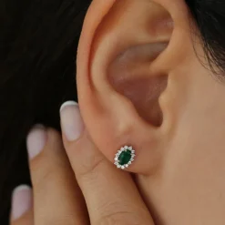 14k Emerald Earrings with Halo Diamonds