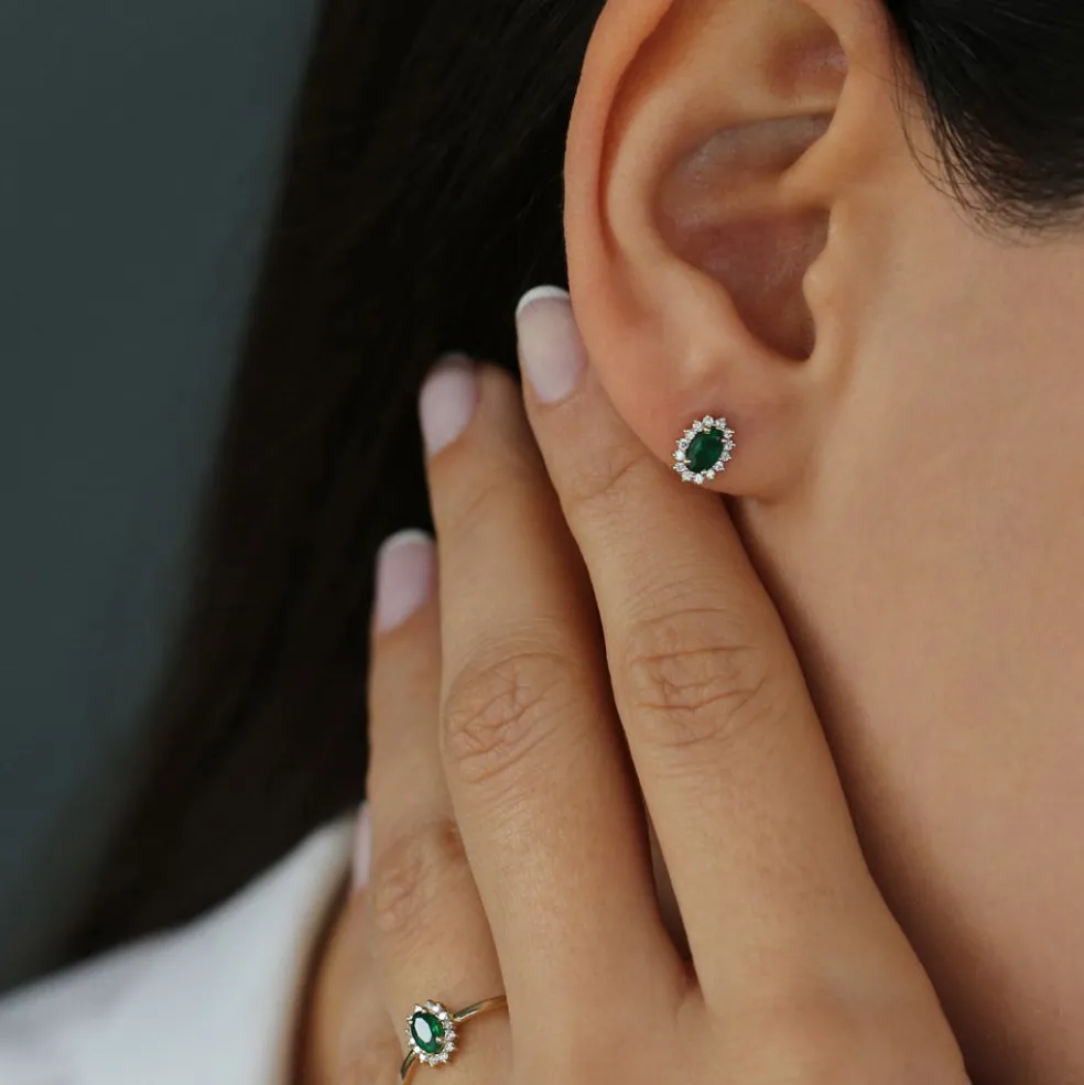 14k Emerald Earrings with Halo Diamonds