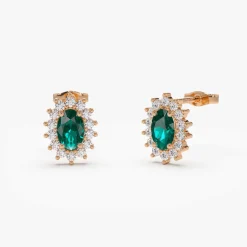 14k Emerald Earrings with Halo Diamonds