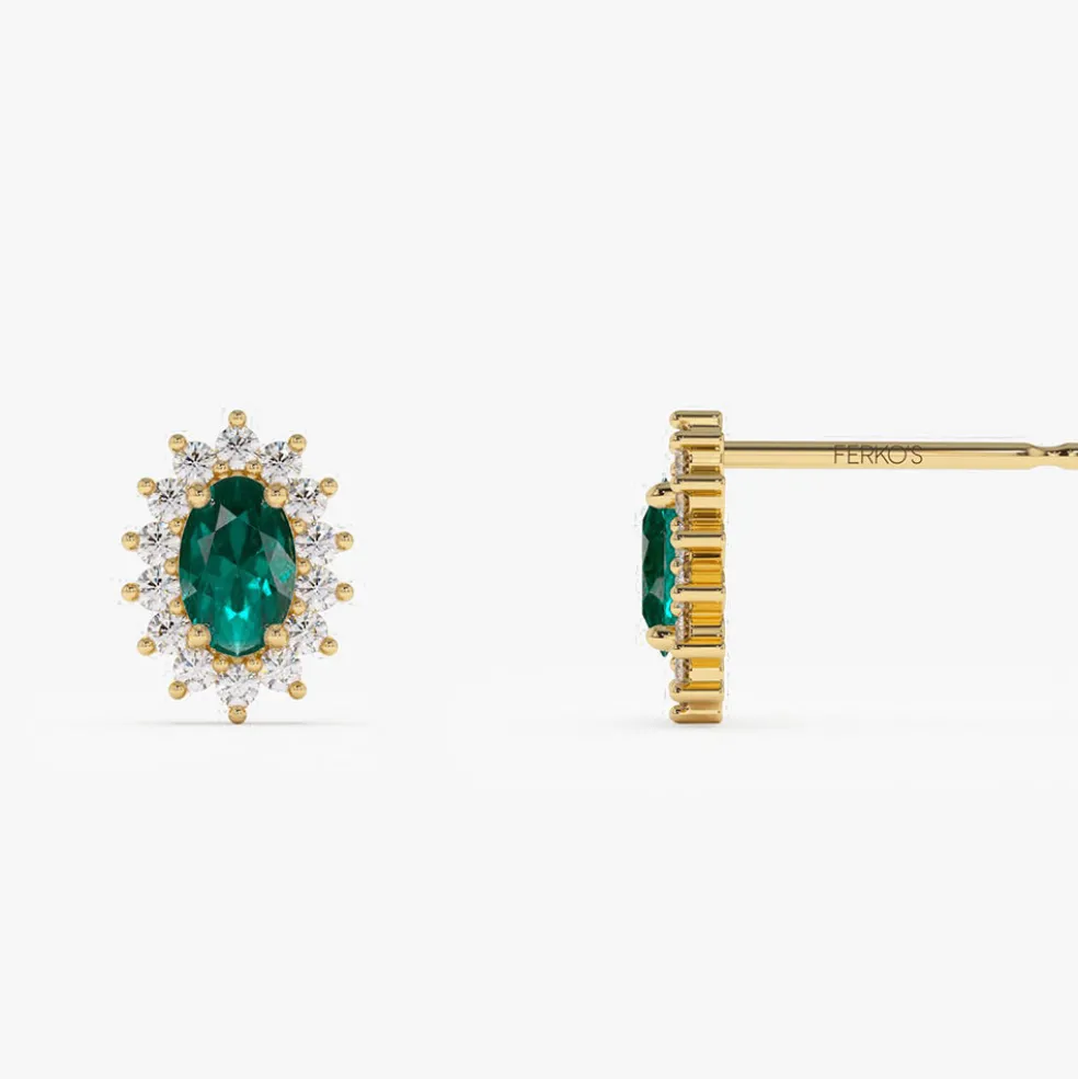 14k Emerald Earrings with Halo Diamonds