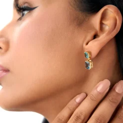 14K Emerald London Blue Topaz Dangle Drop Earrings