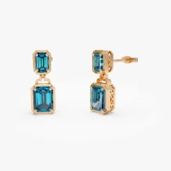 14K Emerald London Blue Topaz Dangle Drop Earrings
