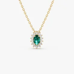 14k Emerald Necklace with Halo Diamonds