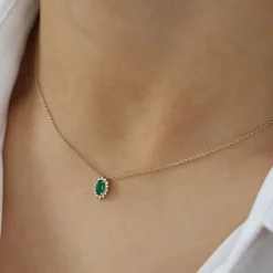 14k Emerald Necklace with Halo Diamonds