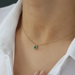14k Emerald Necklace with Halo Diamonds