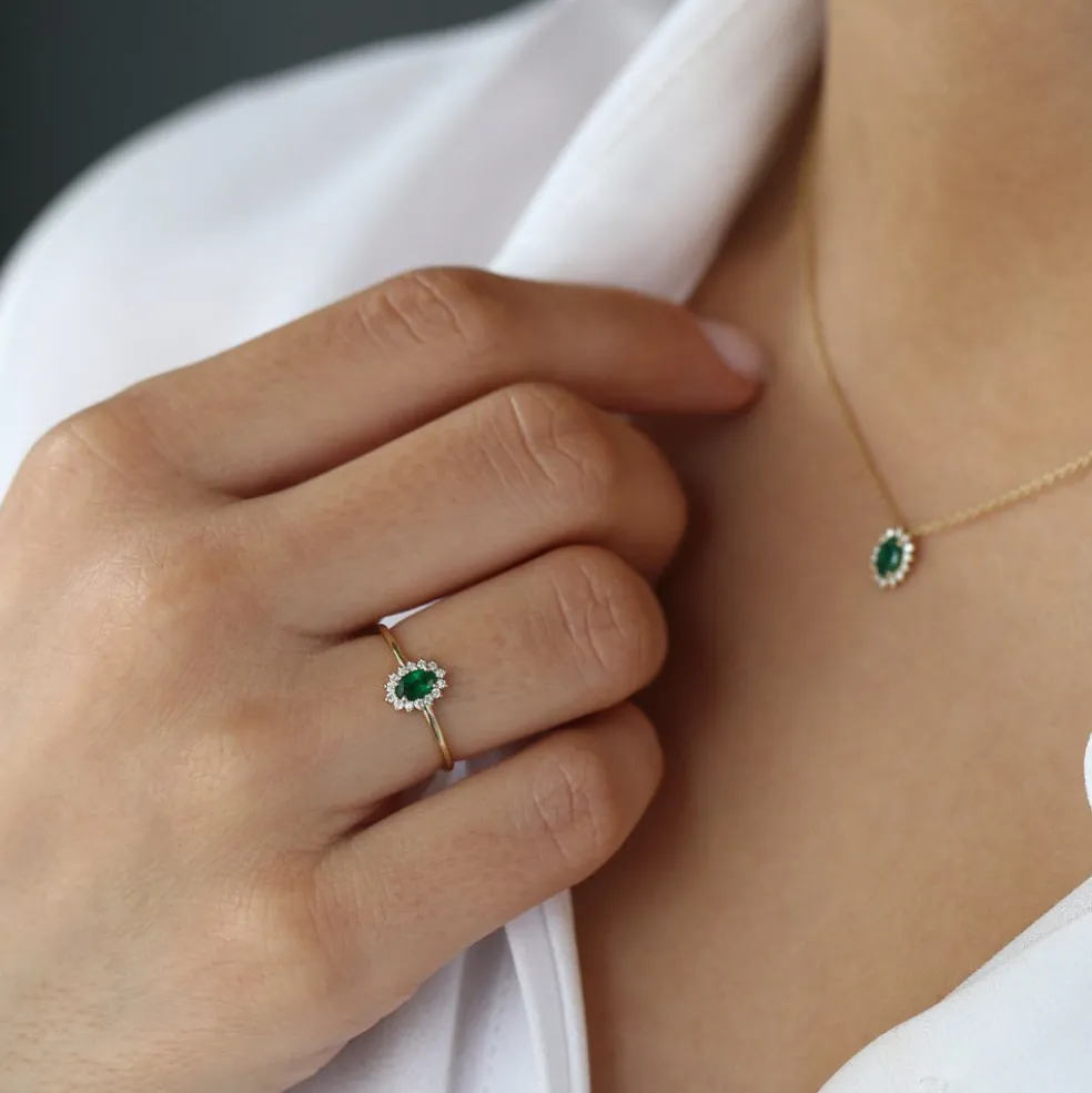 14k Emerald Ring with Halo Diamonds