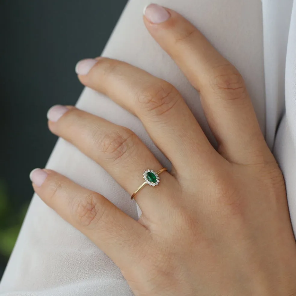 14k Emerald Ring with Halo Diamonds