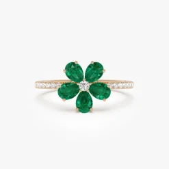 14K Five-Leaf Emerald and Diamond Ring