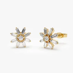 14k Floral Design Baguette Diamond Stud Earrings