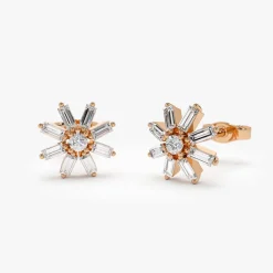 14k Floral Design Baguette Diamond Stud Earrings