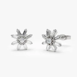 14k Floral Design Baguette Diamond Stud Earrings