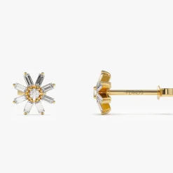 14k Floral Design Baguette Diamond Stud Earrings