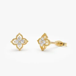 14K Floral Design Diamond Cluster Stud Earrings