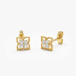 14K Floral Design Diamond Cluster Stud Earrings