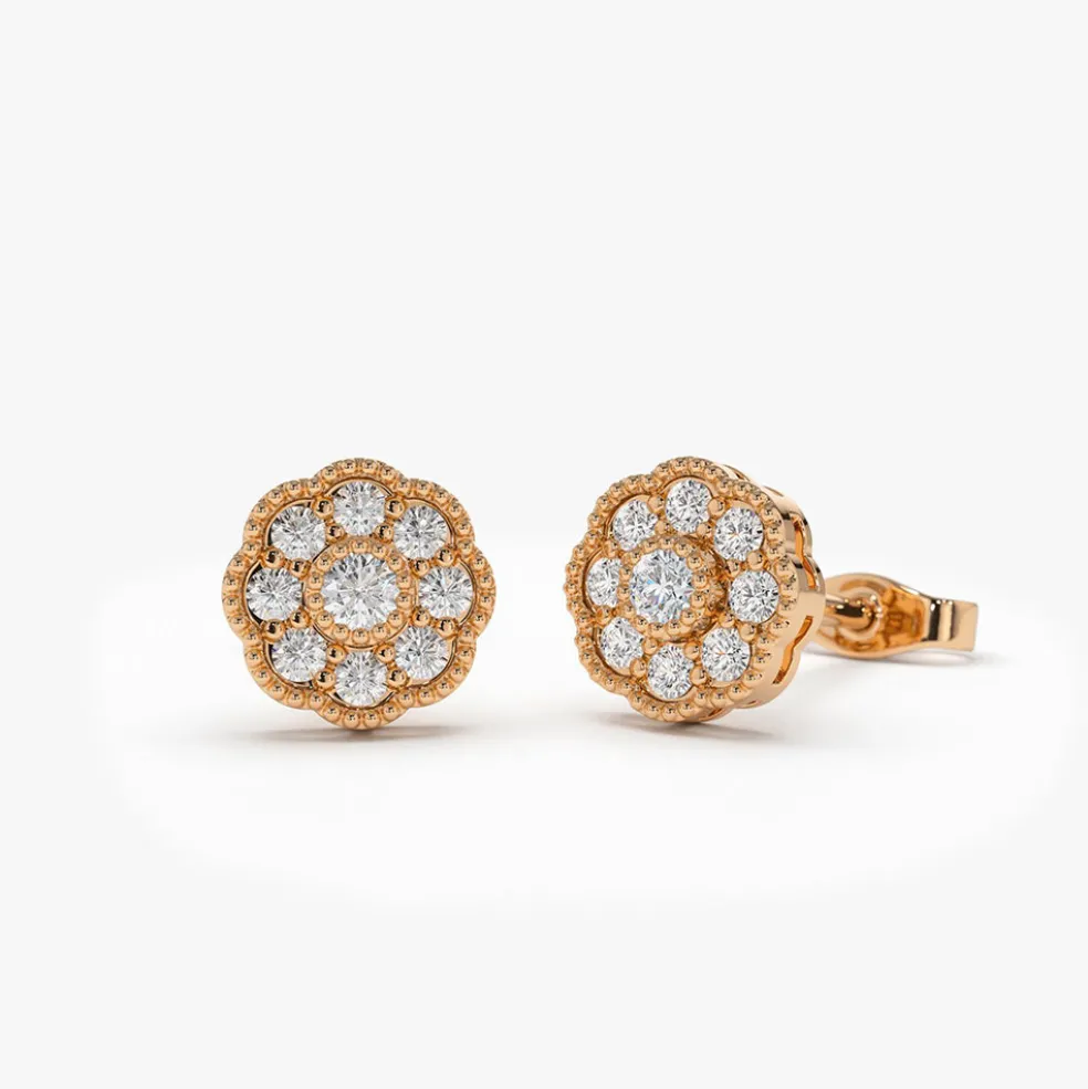 14k Floral Design Diamond Studs