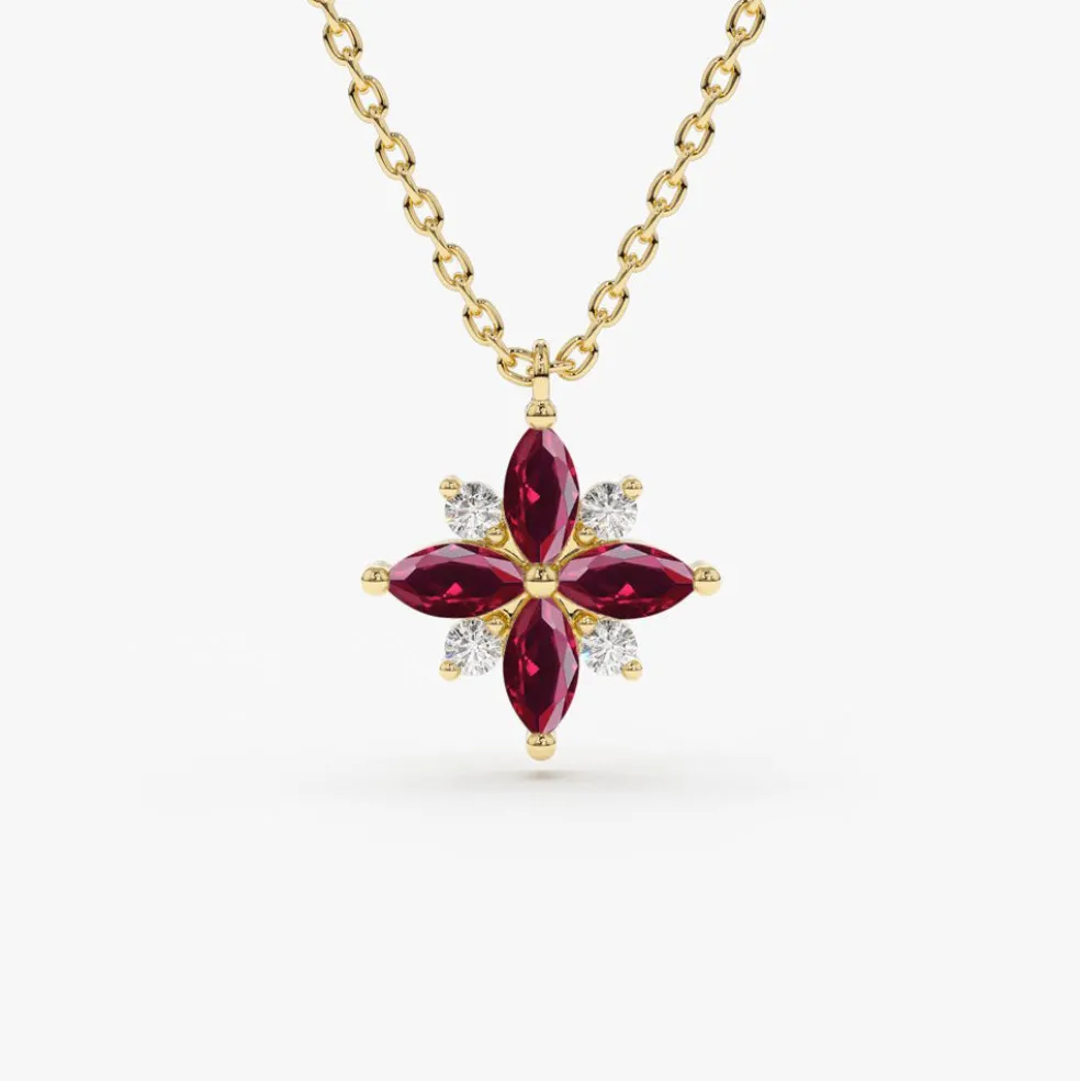 14K Floral Design Marquise Ruby and Diamond Pendant