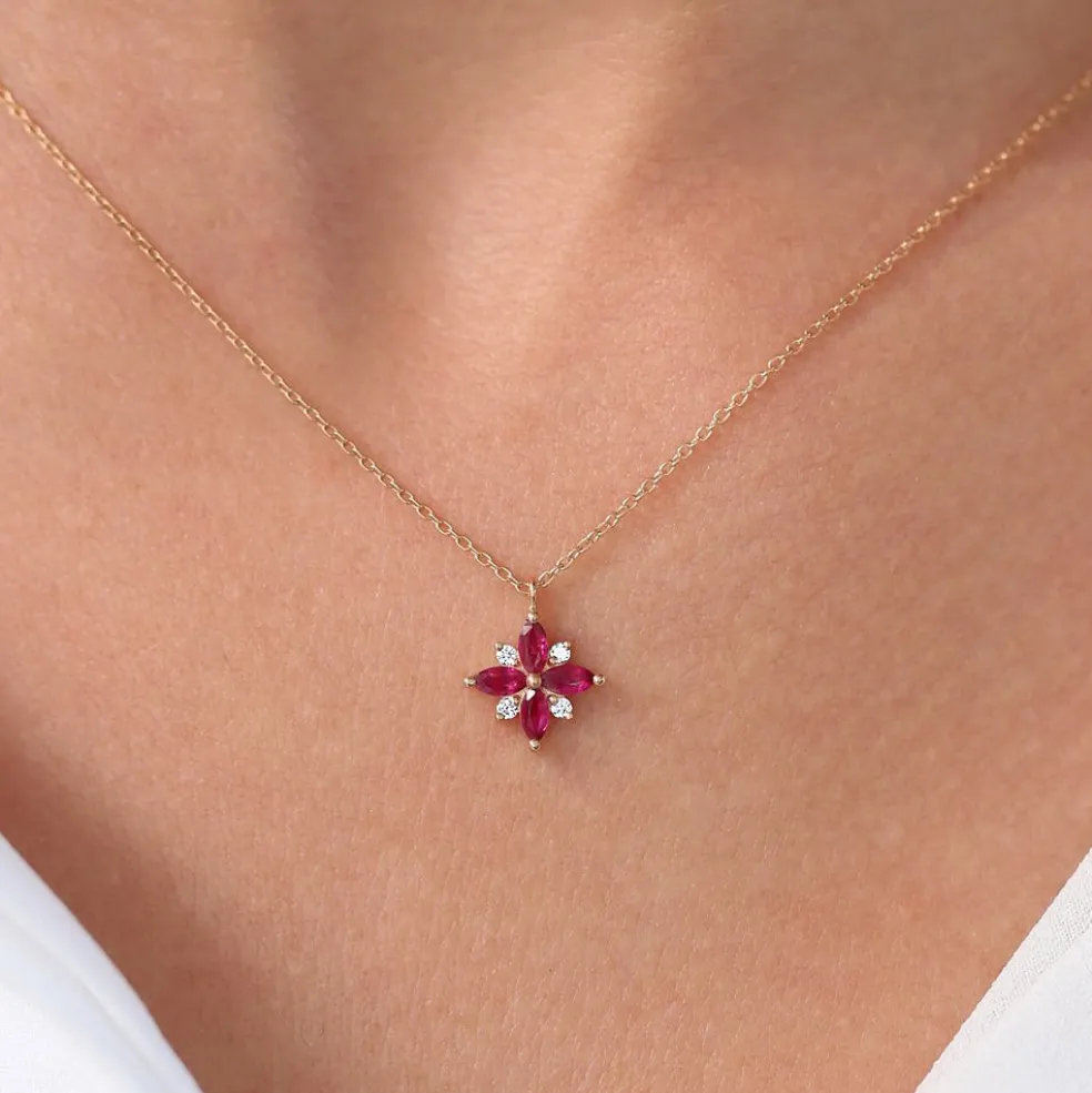 14K Floral Design Marquise Ruby and Diamond Pendant