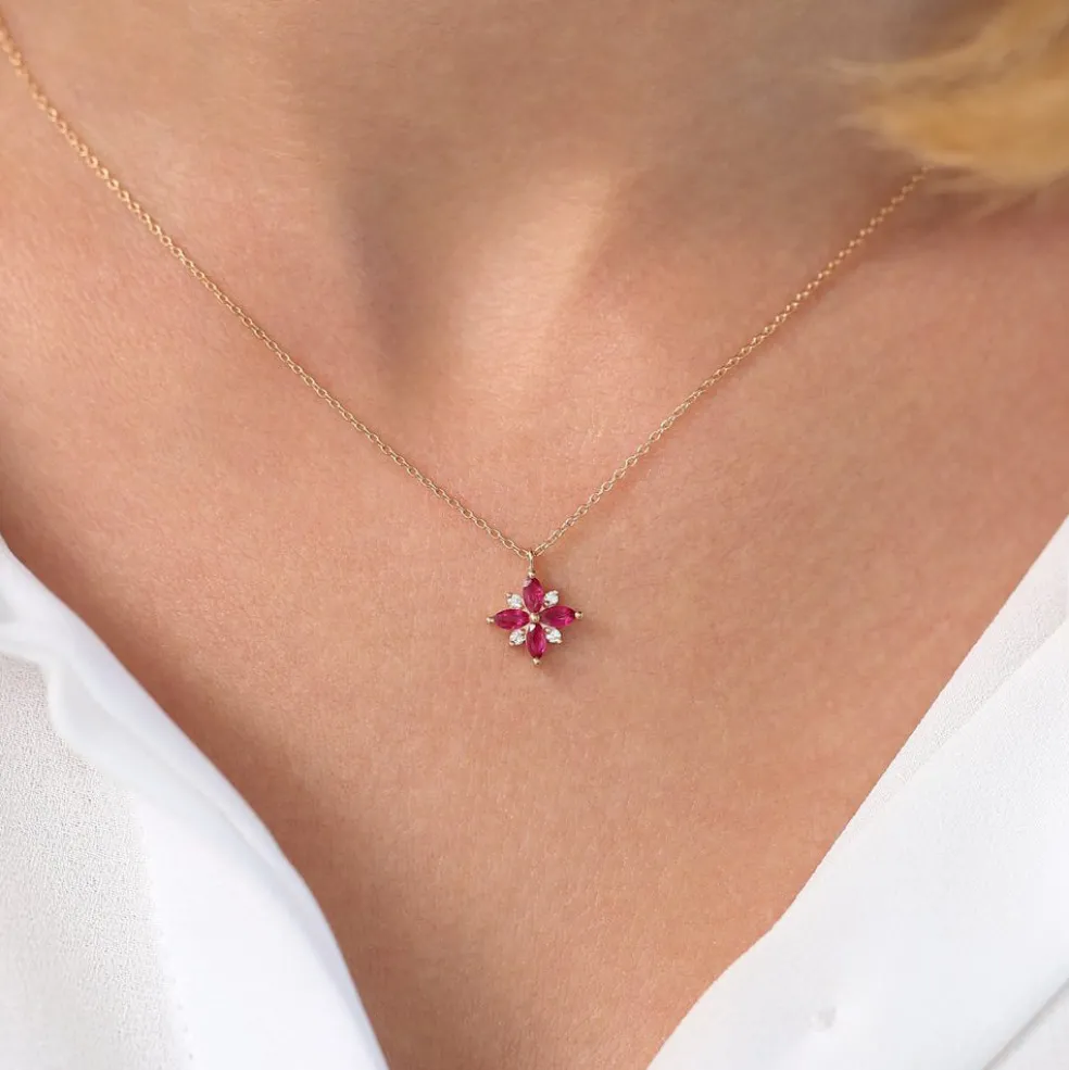 14K Floral Design Marquise Ruby and Diamond Pendant
